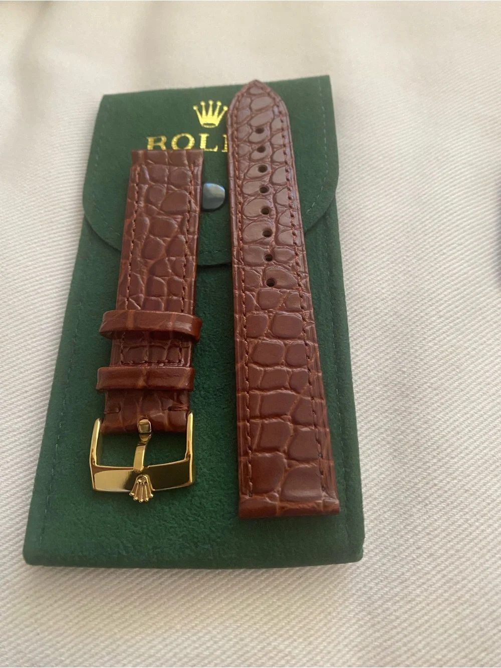 Rolex Brown Crocodile-Embossed Leather Strap Gold Plated Buckle 19mm Pre-Owned